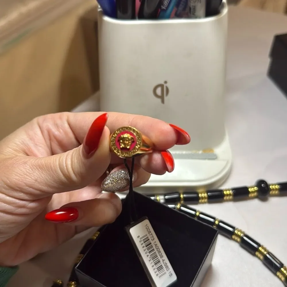 NIB Versace Ring Size IT 15/ US 7 Icon Medusa Head Greca Engraved Gold Tone